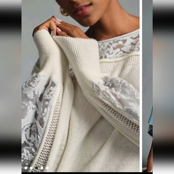 Anthropologie Womens Cream Sheer Balloon Sleeve Wool Blend Soft Feminine Sweater - Picture 3 of 15